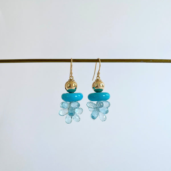 Gold earrings with turquoise and blue topaz