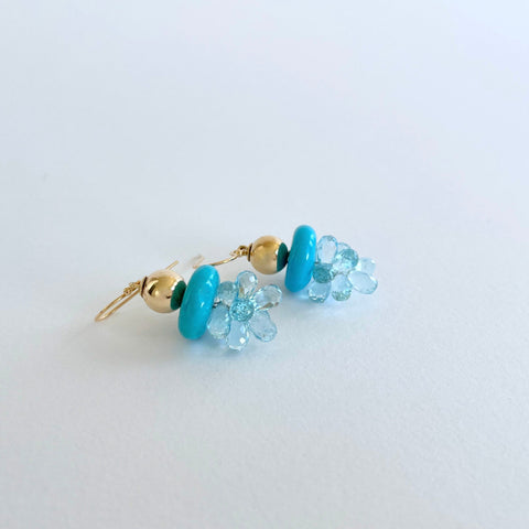 Gold earrings with turquoise and blue topaz