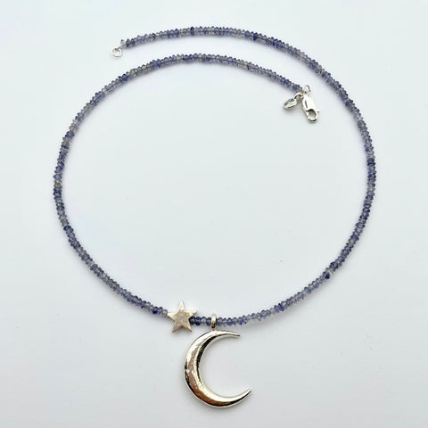 Necklace with iolite, silver moon and star