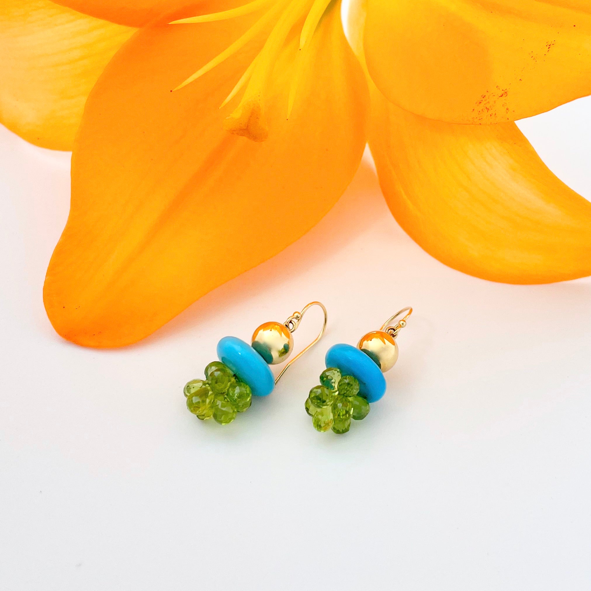 Gold earrings with turquoise and peridot