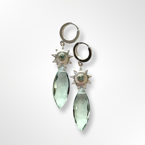 Earrings with green amethyst and silver sun