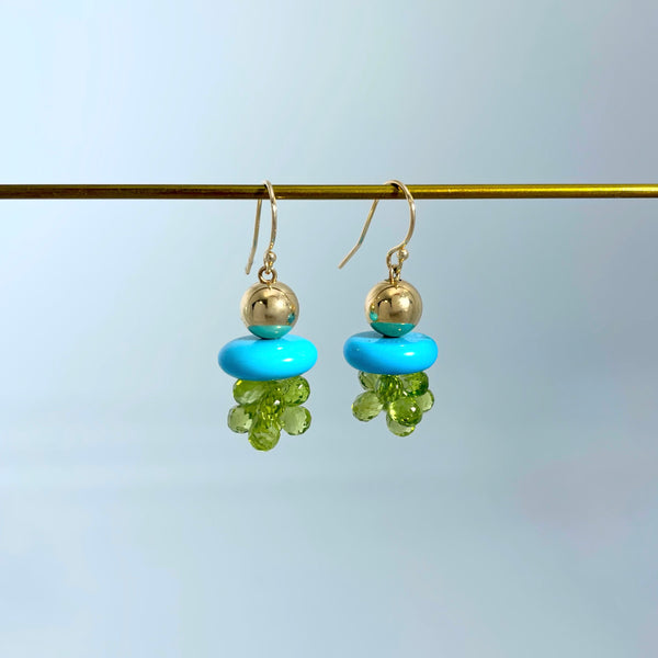 Gold earrings with turquoise and peridot