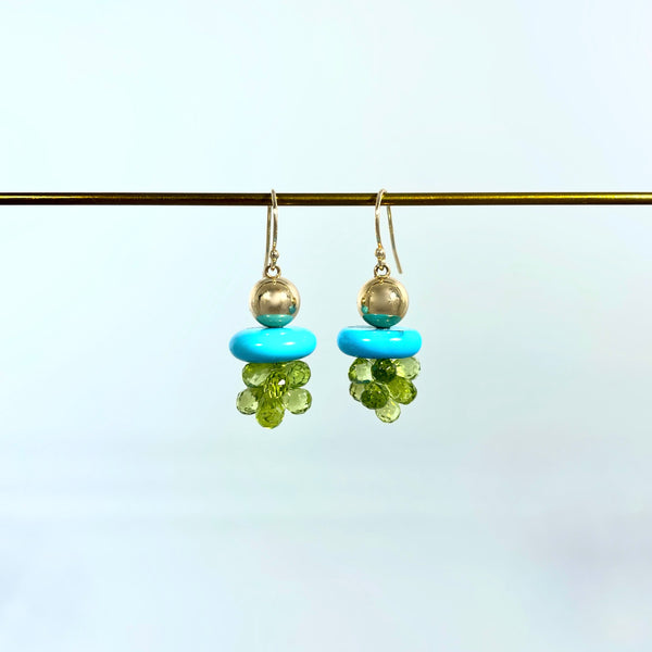 Gold earrings with turquoise and peridot