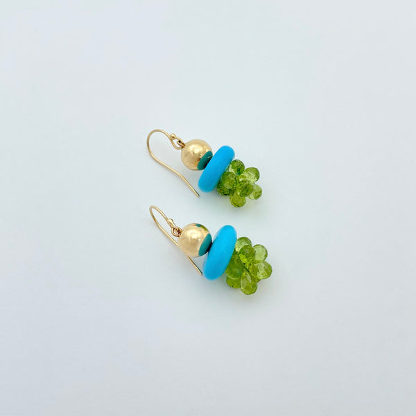 Gold earrings with turquoise and peridot